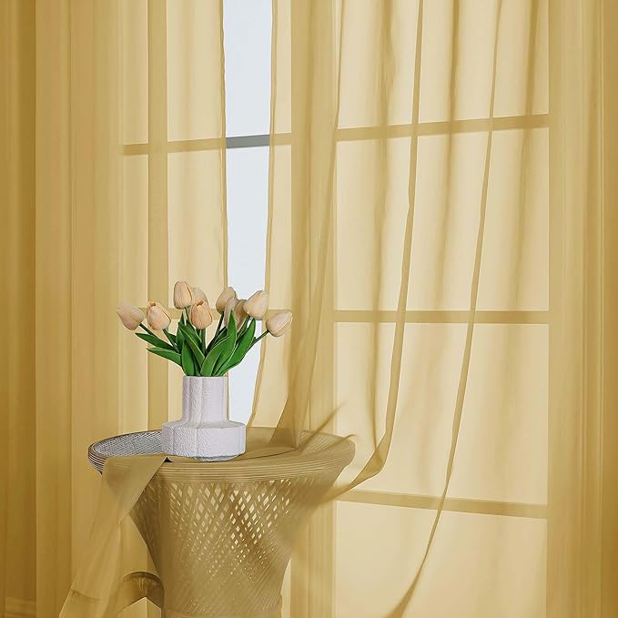 Chyhomenyc Gold Sheer Curtains 96 Inches Long 2 Panels, Light Filtering Gold Curtains for Living Room, Soft Gentle Voile Rod Pocket Bedroom Window Drapes, 59Wx96L Inch, 2PCS