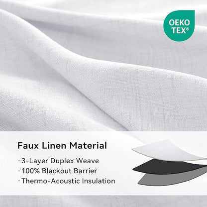 100% Blackout Shield Linen Blackout Curtains for Bedroom, Bright White Grommet Curtains for Living Room, Thermal Insulated Room Darkening Drapes for Nursery, Boho Home Decor, 50" W x 90" L, 2 Panels