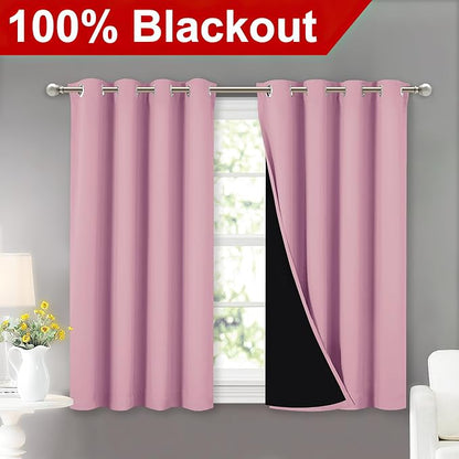 NICETOWN 100% Blackout Curtains with Black Liners, Thermal Insulated Full Blackout 2-Layer Lined Curtains, Energy Efficiency Window Draperies for Dining Room (Crystal Pink, 2 Panels, 52" W by 45" L)