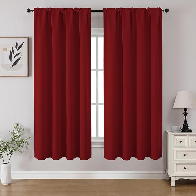CUCRAF Red Blackout Curtains 54 inch Length 2 Panels Set, Rod Pocket Room Darkening Drapes for Bedroom Living Room, Insulated Thermal Light Blocking Window Curtain (W52 x L54 Inch)