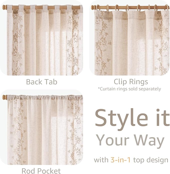 jinchan Evelyn Embroidered Linen Curtains for Living Room Farmhouse Floral Curtains for Bedroom Semi Sheer Light Filtering Window Drapes Rod Pocket Back Tab 2 Panels W50 x L96 Beige
