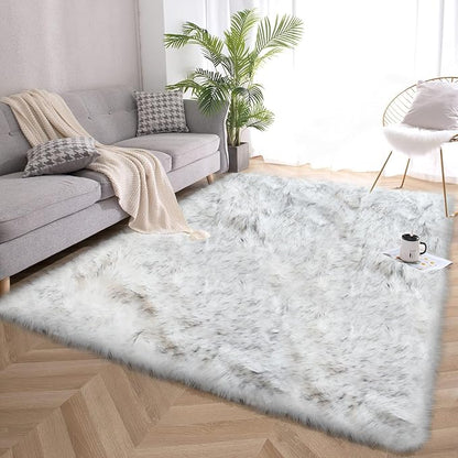 Goolela Sheepskin Area Rug 9x12 Fluffy Fuzzy Furry Rug for Living Room Bedroom Faux Fur Shaggy Plush Rectangle - White with Grey Tips