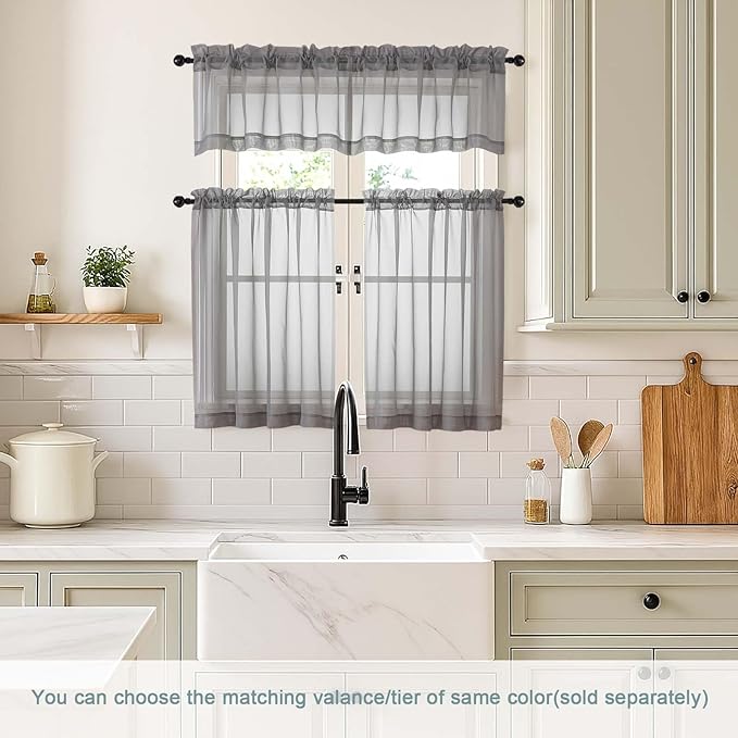 Grey Small Sheer Curtains Tier 24 Inches Length 2 Pieces, Light Filtering Cafe Curtains for Living Room Bathroom, Window Treatments Dual Rod Pocket Panels, Charcoal Grey, 2X42Wx24L Inches