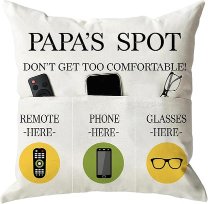 ONFAON Papa Gifts Throw Pillow Case, Papa's Spot Throw Pillow Covers 18 x 18 Inch,Put Phone Glasses and Remote Control Pillowcase,Birthday Christmas Thanksgiving Day Gifts for Papa Stepdad 3-Pocket