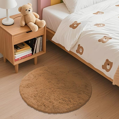 OLANLY Khaki Round Rugs for Bedroom - Machine Washable, 2 ft Circle Area Rugs for Living Room, Soft and Fluffy Shaggy Carpet for Teen Girl and Boys, Nursery Rooms, Dorms, Home Decor Aesthetic