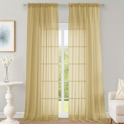 OWENIE Gold Sheer Curtains 120 Inches Long 2 Panels Set, Airy Lightweight Sheer Gold Curtains for Living Room Bedroom, Farmhouse Voile Filmy Rod Pocket Curtains Drapes, 2 Pcs, Each 59" Wx120 L Inch