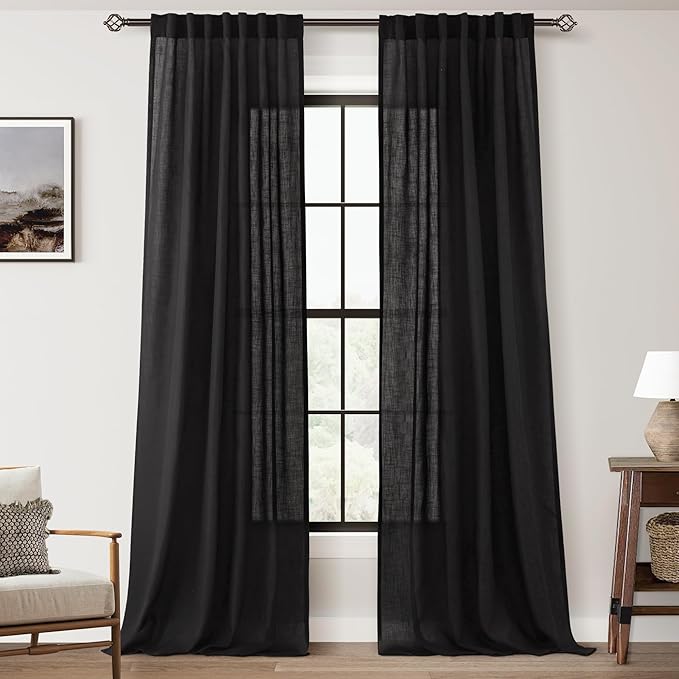 Black Linen Curtains 84 inches Long for Bedroom Back Tab Light Filtering Privacy Semi Sheer Black Curtains Living Room Boho Rustic Farmhouse Cotton Textured Gauze Curtain 2 Panel Set