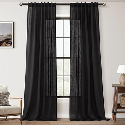 Black Linen Curtains 84 inches Long for Bedroom Back Tab Light Filtering Privacy Semi Sheer Black Curtains Living Room Boho Rustic Farmhouse Cotton Textured Gauze Curtain 2 Panel Set