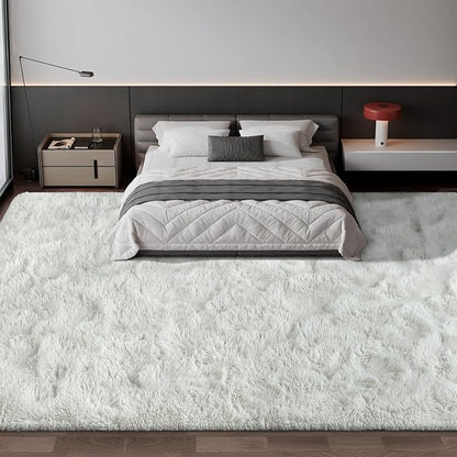 Deerhoo Large Shag Area Rugs 10 x 14, Tie-Dyed Plush Fuzzy Rug for Living Room, Ultra Soft Fluffy Furry Rugs for Bedroom, Anti-Skid Indoor Carpet Nursery Rugs for Kids Room Home Decor, White