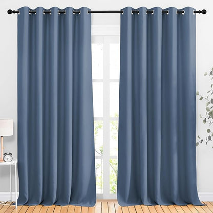 NICETOWN Bedroom Blackout 110 inch Curtains for Sliding Glass Door, Grommet Thermal Insulated Solid Window Treatments Sound Reducing for Living Room, W66 x L110, Stone Blue, Set of 2