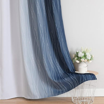 Estelar Textiler Navy Blue and Greyish White Ombre Short Blackout Cafe Curtains 36 Inch Length, Thermal Insulated Grommet Small Half Window Drapes for Kitchen/Basement/RV Camper, 52Wx36L, 2 Panels