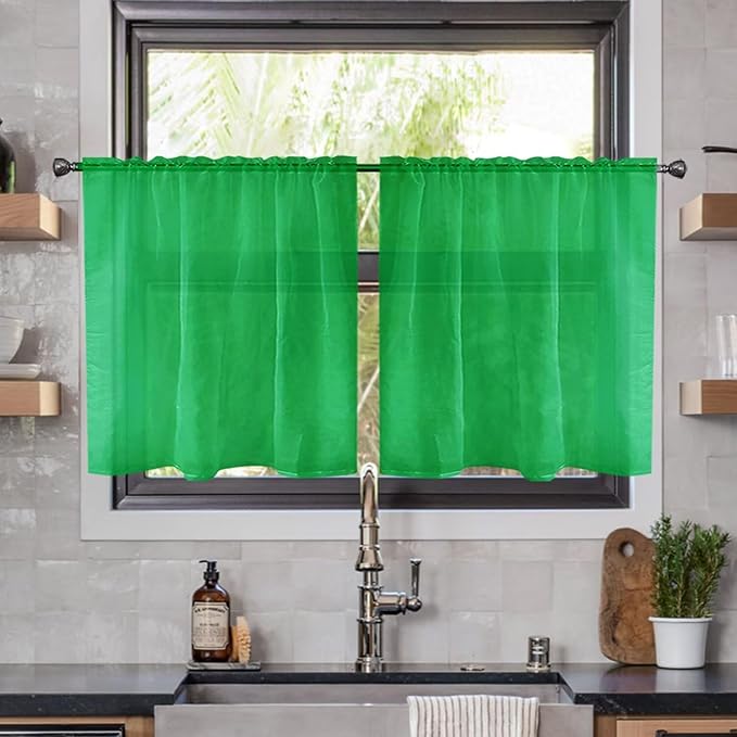 youleyar Solid Sheer Rod Pocket Curtain Voile Draperies 2 Panels White Beige Black Ivory Coffee 26 Inch Width 40 Inch Long 1 Pair for Kitchen Bedroom Children Living Room Yard(Green,26W x 40L)