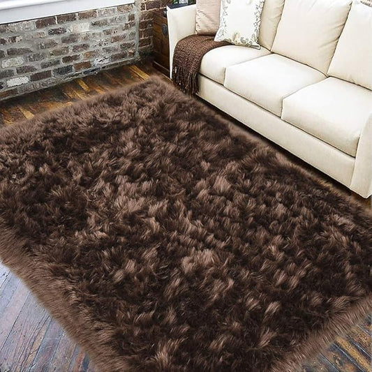 LOCHAS Soft Fluffy Faux Fur Rugs for Bedroom Bedside Rug 3x5 Feet, Washable, Furry Sheepskin Area Rug for Living Room Girls Room, Luxury Shag Carpet Home Decor, Brown