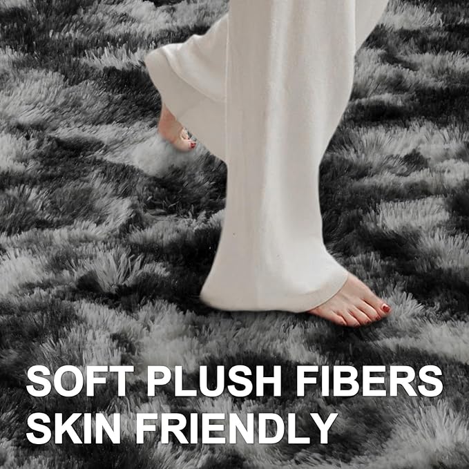 6x9 Ft Large Shag Rugs for Living Room Decor, Tie-Dyed Ultra Soft Fluffy Furry Area Rugs for Bedroom Indoor Floor, Aesthetic Carpet for Kids Home (Black Grey)