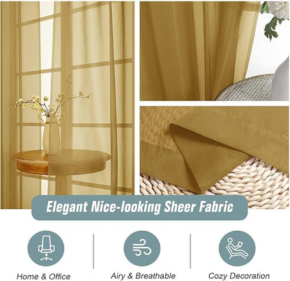 Gold Sheer Curtains for Window 72 inches Long 2 Panels Set, Soft Airy Modern Light Filtering Sheer Curtains for Living Room Bedroom, Dual Rod Pocket Solid Window Drapes, 2x42Wx72L inches