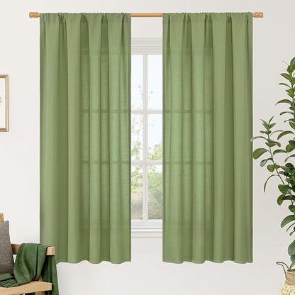 LAMIT Green Linen Curtains 63 inch Length for Bedroom, Faux Linen Light Filtering Window Treatments Neutral Rod Pocket Drapes for Living Room/Farmhouse, 2 Panels Set, 42 x 63 Inch