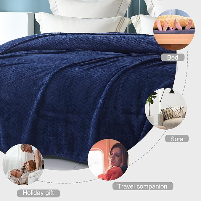 Exclusivo Mezcla Fleece Twin Size Blanket for Bed, 90x66 Inches Soft Cozy Jacquard Flannel Blankets, Lightweight Fuzzy Plush Warm for Women, Navy Blue