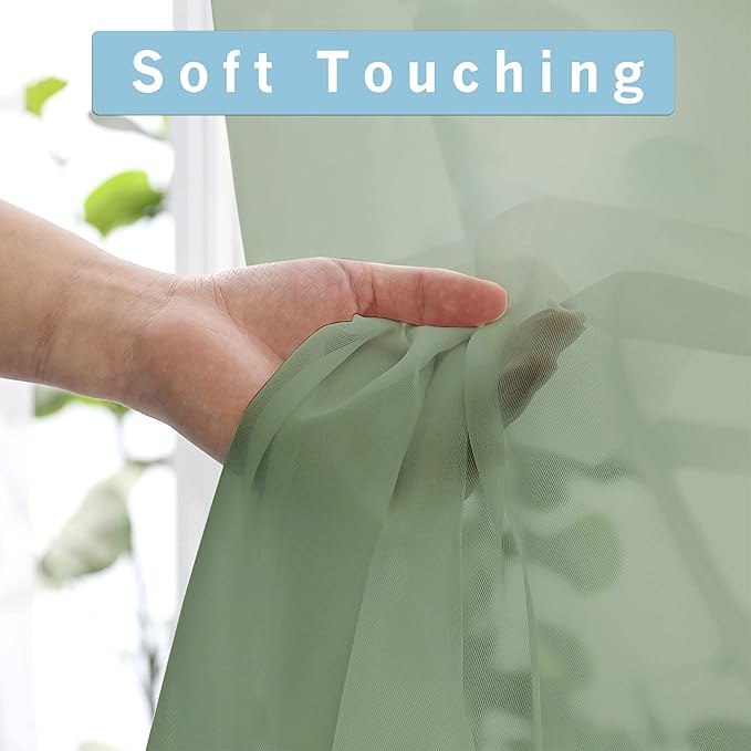 OWENIE Sheer Curtains 90 Inches Long 2 Panels Set, Sage Green Sheer Curtains Rod Pocket Voile Drapes for Living Room, Airy Soft-Touching Drapes, 2 PCS Panels, Each 42" W x 90" L Inch