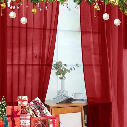 youleyar Solid Sheer Rod Pocket Curtain Voile Draperies 4 Panels White Beige Black Grey Ivory 52 Inch Width 45 Inch Long 1 Pair for Kitchen Bedroom Children Living Room Yard(Christmas Red,52 Wｘ45 L)
