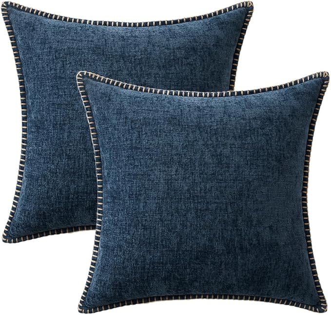 MIULEE Pack of 2 Couch Throw Pillow Covers 20x20 Inch Dark Blue Farmhouse Decorative Pillow Covers with Stitched Edge Soft Chenille Solid Dyed Spring Pillow Covers for Sofa Bed Living Room