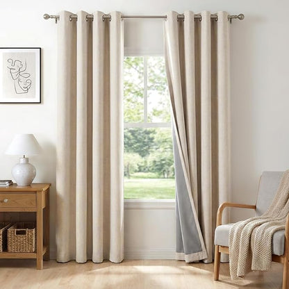 100% Blackout Shield Linen Blackout Curtains for Bedroom, Oatmeal Grommet Curtains for Living Room, Thermal Insulated Room Darkening Drapes for Nursery, Boho Home Decor, 50" W x 84" L, 2 Panels