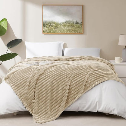 IMEET Linen Ribbed Twin Blanket for Bed - 300GSM Lightweight Soft Fleece Blanket for Men Women, Cozy Blankets Graduation Birthday Gifts, Striped Spring Home School Dorm Decor, Linen, 60x80 Inches