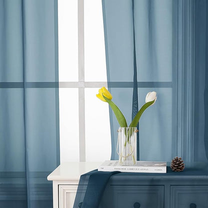Lecloud Dusty Blue Sheer Curtains 54 Inch Length 2 Panels, Light Filtering Voile Curtain Drapes for Kitchen Bedroom Windows, Dual Rod Pocket Living Room Sheer Curtains, 40 W x 54 L Inches