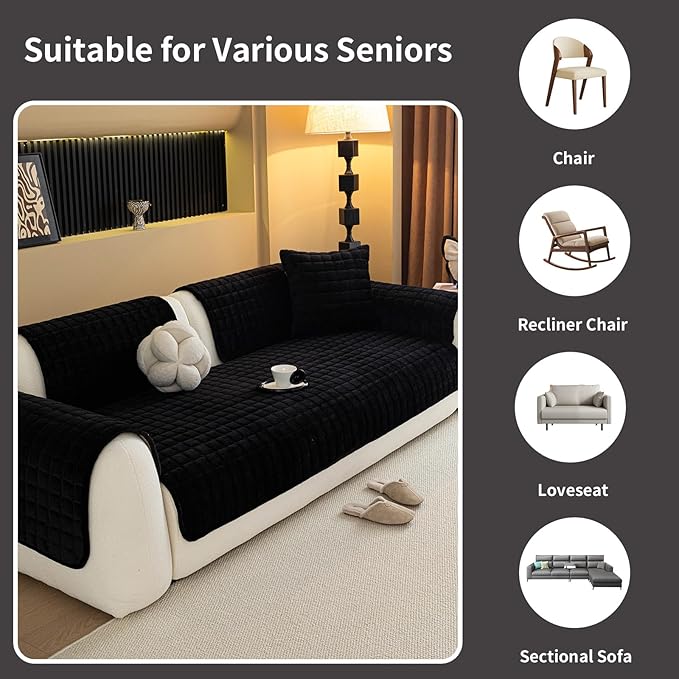 Velvet Couch Cover, Plush Sectional Sofa Cover Washable, Anti Slip Sofa Slipcover for Loveseat, Furniture Protector Covers for Pets & Kids(1PC, Black, 35.4"×47.2", Loveseat)