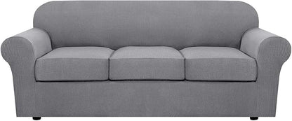 H.VERSAILTEX 4 Piece Stretch Sofa Covers for 3 Cushion Couch Covers for Living Room Furniture Slipcovers (Base Cover Plus 3 Seat Cushion Covers) Upgraded Thicker Jacquard Fabric (Sofa, Dove)