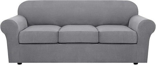 H.VERSAILTEX 4 Piece Stretch Sofa Covers for 3 Cushion Couch Covers for Living Room Furniture Slipcovers (Base Cover Plus 3 Seat Cushion Covers) Upgraded Thicker Jacquard Fabric (Sofa, Dove)