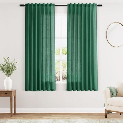 Dark Green Linen Curtains for Living Room 63 Inches Long 2 Panel Set Light Filtering Linen Drapes for Kitchen Windows Rod Pocket Back Tab Short See Through Curtain Country Farmhouse Decor 52x63