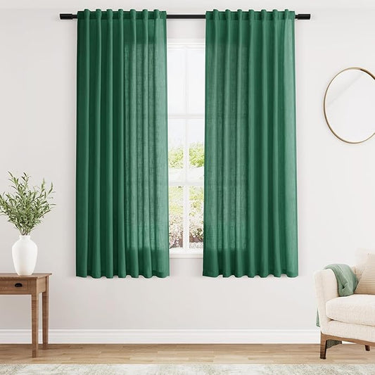 Dark Green Linen Curtains for Living Room 63 Inches Long 2 Panel Set Light Filtering Linen Drapes for Kitchen Windows Rod Pocket Back Tab Short See Through Curtain Country Farmhouse Decor 52x63