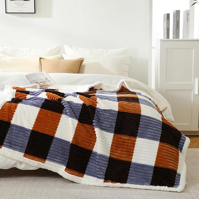 PU MEI Sherpa Blanket Twin Plaid Thick Bed Blanket, 60”*80” Super Soft Flannel Fuzzy Fleece Reversible Velvet Plush Warm Blanket for Couch (Brown Orange Check)