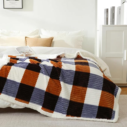 PU MEI Sherpa Blanket Twin Plaid Thick Bed Blanket, 60”*80” Super Soft Flannel Fuzzy Fleece Reversible Velvet Plush Warm Blanket for Couch (Brown Orange Check)