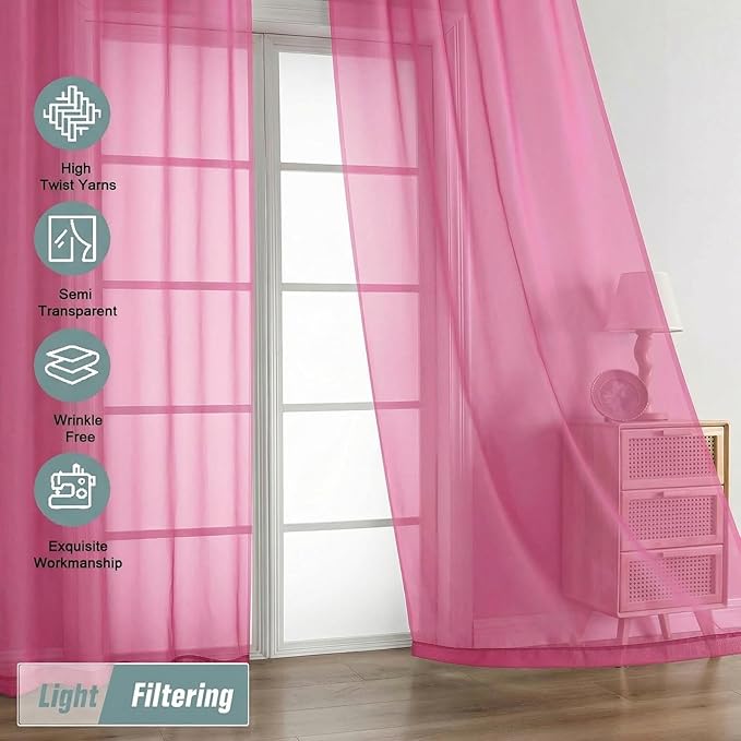 Sheer Curtains 63 Inch Length 2 Panels, Voile Sheer Curtain for Living Room, Breathable Light Filtering Window Treatments, Soft Fabric Dual Rod Pocket Drapes, Hot Pink, 2x42Wx63L Inches