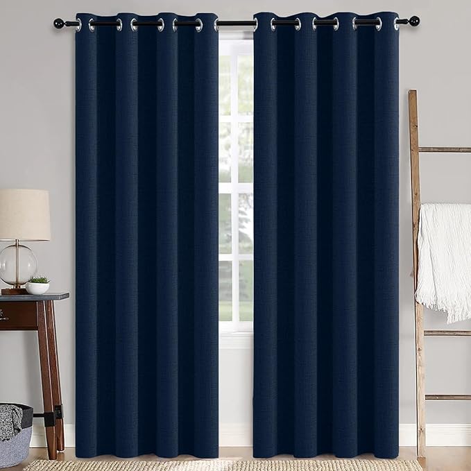 MIULEE 100% Blackout Linen Textured Curtains for Bedroom Solid Thermal Insulated Midnight Blue Grommet Room Darkening Curtains & Drapes Luxury Decor for Living Room Nursery 52 x 108 Inch (2 Panels)