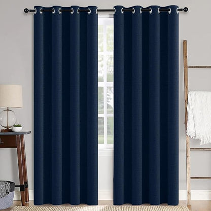 MIULEE 100% Blackout Linen Textured Curtains for Bedroom Solid Thermal Insulated Midnight Blue Grommet Room Darkening Curtains & Drapes Luxury Decor for Living Room Nursery 52 x 108 Inch (2 Panels)