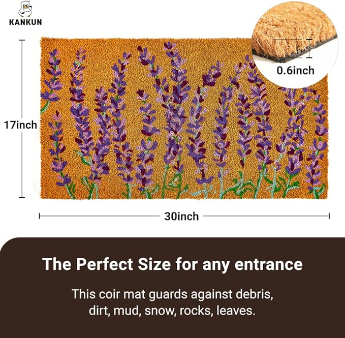 KANKUN Coco Coir Door Mat with Heavy Duty Backing, Welcome Doormat (17" x 30"), Doormat Entrance (Lavender Floral)