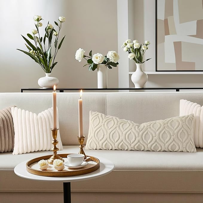 decorUhome Throw Pillow Covers 14x36 Inch Set of 1, Soft Plush Decorative Faux Fur Beige Solid Couch Pillow Covers, Accent Farmhouse Neutral Rectangular Pillow Cases for Sofa Bed Living Room