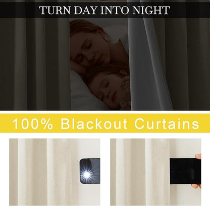 NICETOWN Thick Linen 100% Blackout Bedroom Curtains 108 inches Long, Bronze Grommet 2 Layers with White Liner Window Treatments Sound Reducing for Living Room, Natural, W52 x L108, 2 Panels