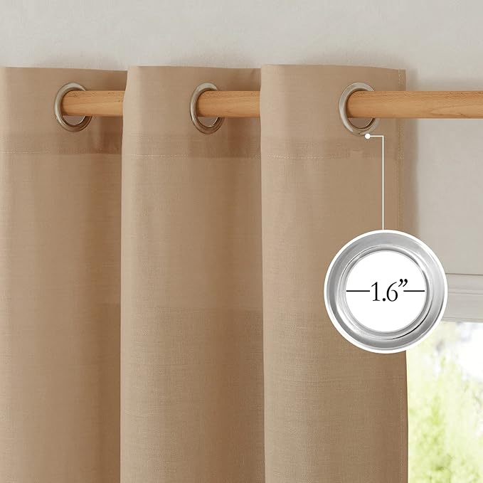 NICETOWN Flax Camel Linen Curtains for Room Divider, Grommet Top Thick Flax Semi Sheer Vertical Drapes Privacy Assured with Light Filtering for Sliding Glass Door, W68 x L84, 2 Pieces
