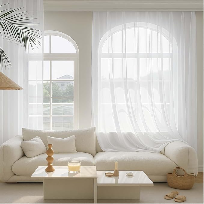 White Sheer Curtains 84 Inches Long 2 Panels Set for Bedroom Living Room, Soft Airy Light Filtering Modern Solid Rod Pocket Drapes Window Treatments, White, Each 59" W x 84" L