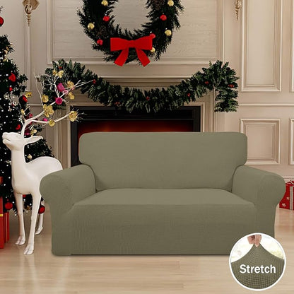 Easy-Going Stretch Loveseat Slipcover 1-Piece Sofa Cover Furniture Protector Couch Soft with Elastic Bottom for Kids Polyester Spandex Jacquard Fabric Small Checks (Loveseat, Khaki)