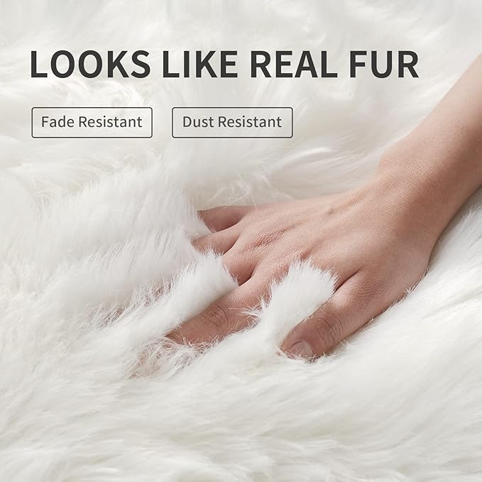 Small Faux Fur Rug 2x4 ft Ultra Soft Sheepskin Rugs Chair Sofa Cover Seat Pad, White Fluffy Shag Rug for Bedroom Nursery Kids Room, Luxury Shaggy Rug Fuzzy Plush Floor Carpets