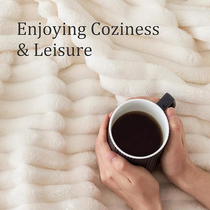 BEDELITE Twin Blanket for Couch & Bed, 300GSM Soft & Warm Fleece Blanket, Decorative and Giftable Striped Cream White Blankets for Women, Men, 60"x80"