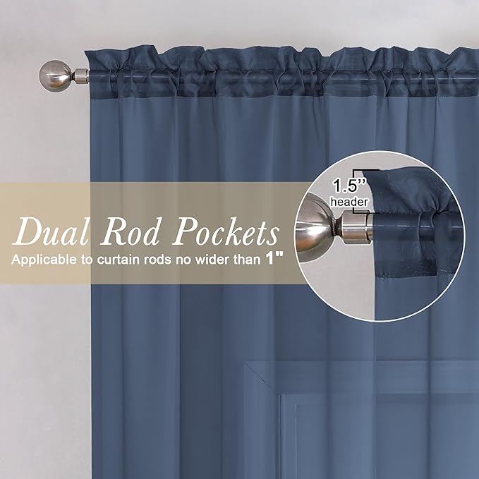 Lecloud Volie Sheer Curtains Blue Tiers 36 Inches Long 2 Pieces Set, Gauzy Solid Window Small Curtain for Bedroom Livng Room Bathroom Kitchen, Dual Rod Pockets Cupboard Tier Light Reducing 40x36 Inch