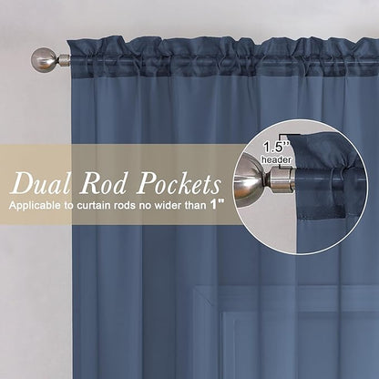 Lecloud Volie Sheer Curtains Blue Tiers 36 Inches Long 2 Pieces Set, Gauzy Solid Window Small Curtain for Bedroom Livng Room Bathroom Kitchen, Dual Rod Pockets Cupboard Tier Light Reducing 40x36 Inch
