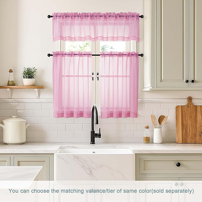 Light Pink Small Sheer Curtains Tier 24 Inches Length 2 Pieces, Light Filtering Cafe Curtains for Living Room Bathroom, Modern Window Treatments Dual Rod Pocket Panels, 2X42Wx24L Inches