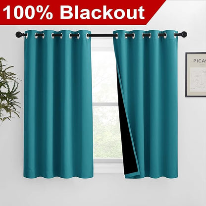 NICETOWN 100% Blackout Curtains 54 inches Long, Double-Deck Completely Blackout Window Treatment Thermal Insulated Lined Drapes for Small Window (Peacock Teal, 1 Pair, 46 inches Width Each Panel)