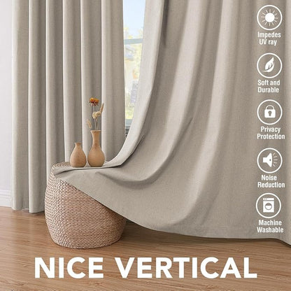 H.VERSAILTEX Linen Curtains 100% Blackout Curtains for Bedroom 90 inch Long Full Light Blocking Nature Linen Blended Window Curtains for Living Room Nickel Grommet (2 Panels, Cobblestone)